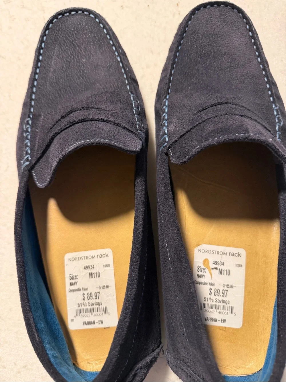 Donald J. Pliner Navy Suede Penny Loafers with Light Blue Stitching